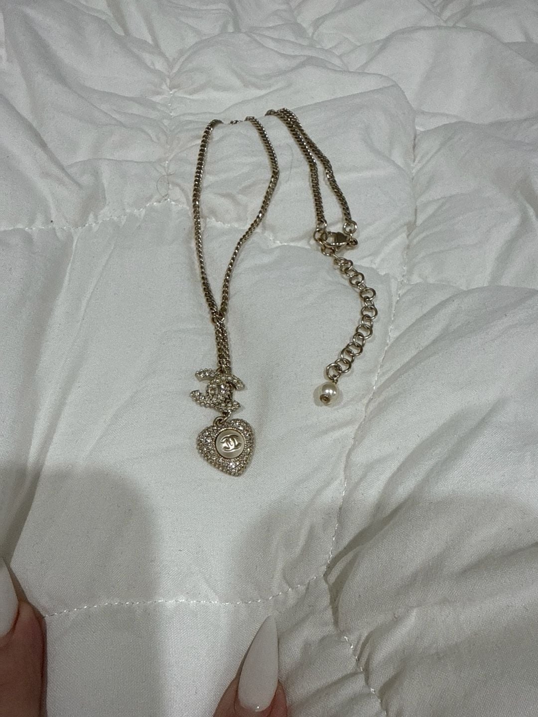 Chanel Cc Logo Heart Crystal Pearl Pendant Gold-Tone Necklace